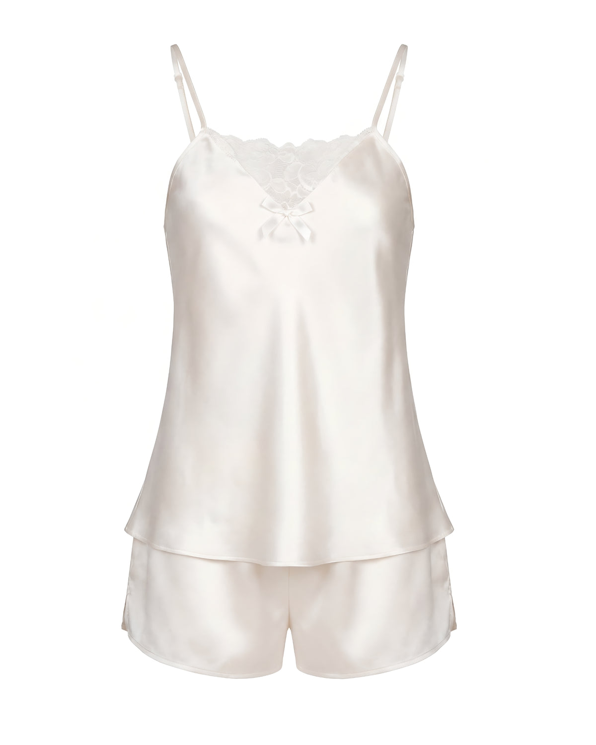 Linsori Ivory Satin Lace Short Set - White background view