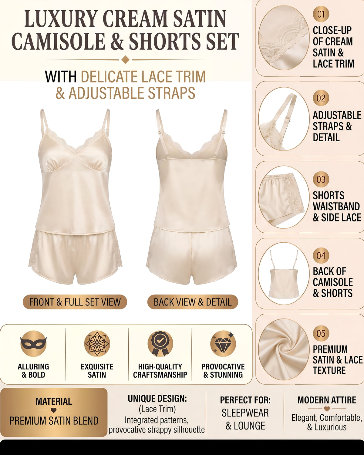 Linsori Ivory Satin Lace Short Set -  Product detail view
