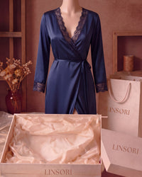 Linsori Sapphire Satin Lace Dressing Gown Loungewear - Mannequin View