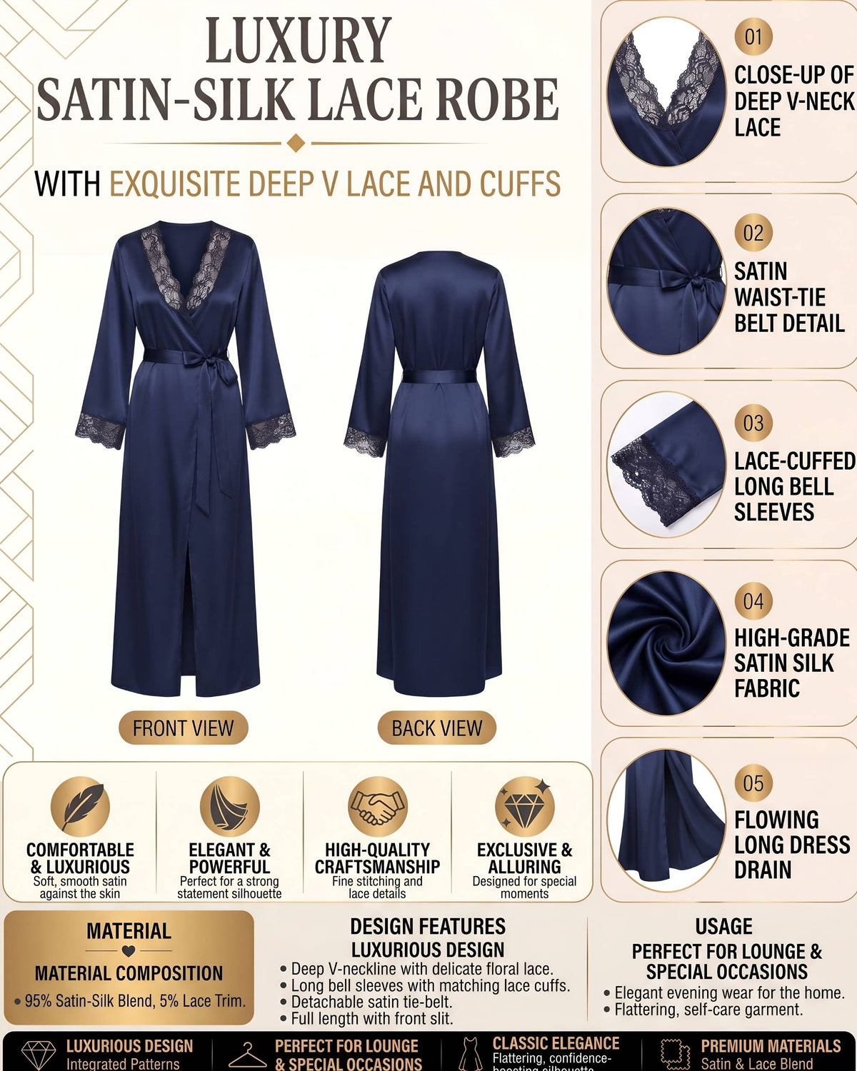 Linsori Sapphire Satin Lace Dressing Gown Loungewear -  Product detail view