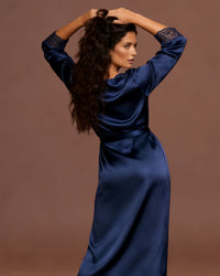 Linsori Sapphire Satin Lace Dressing Gown Loungewear -  back view