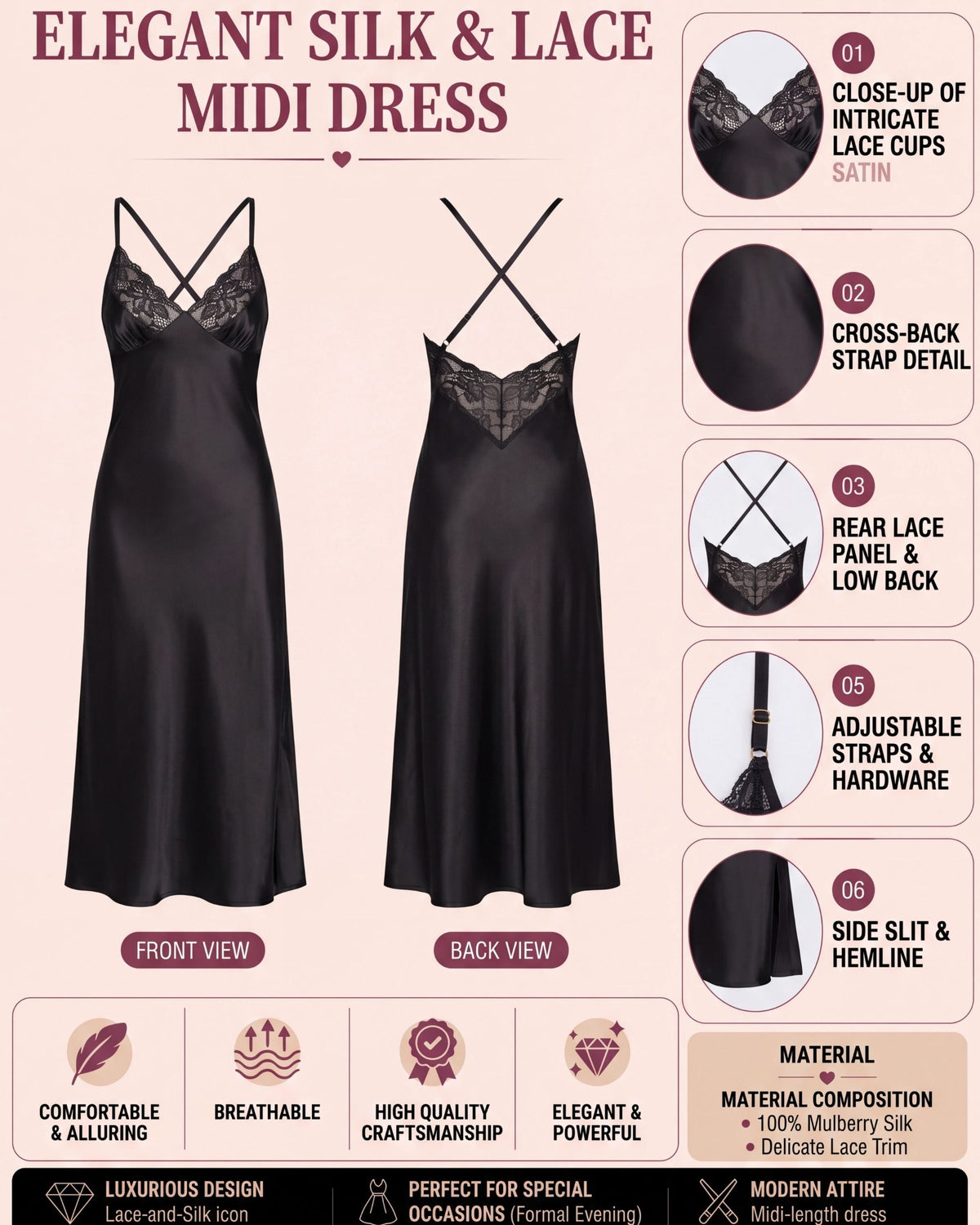 Linsori Noir Satin Nightdress Set -  Product detail view