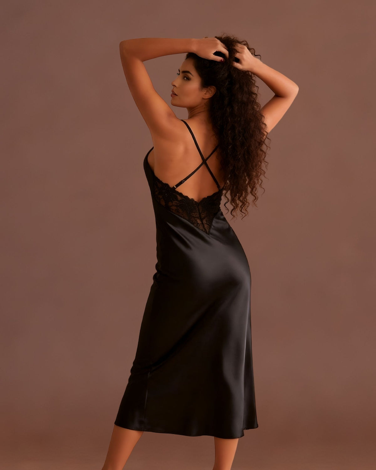 Linsori Noir Satin Nightdress Set -  back view