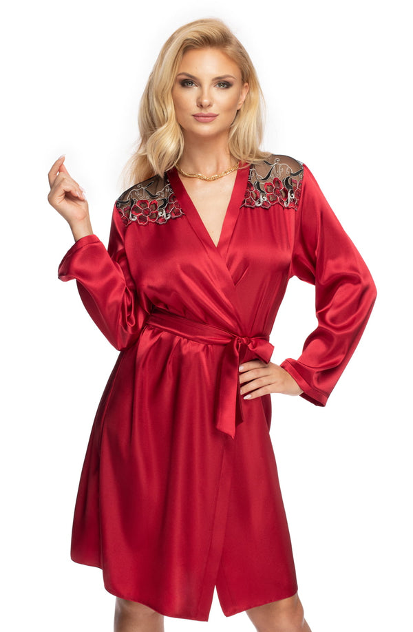 Linsori Burgundy Satin Embroidered Robe - close-up