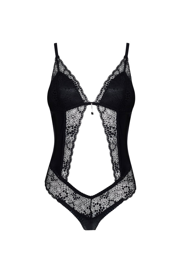Linsori Noir Shine Floral Lace Teddy Plus Size - side view