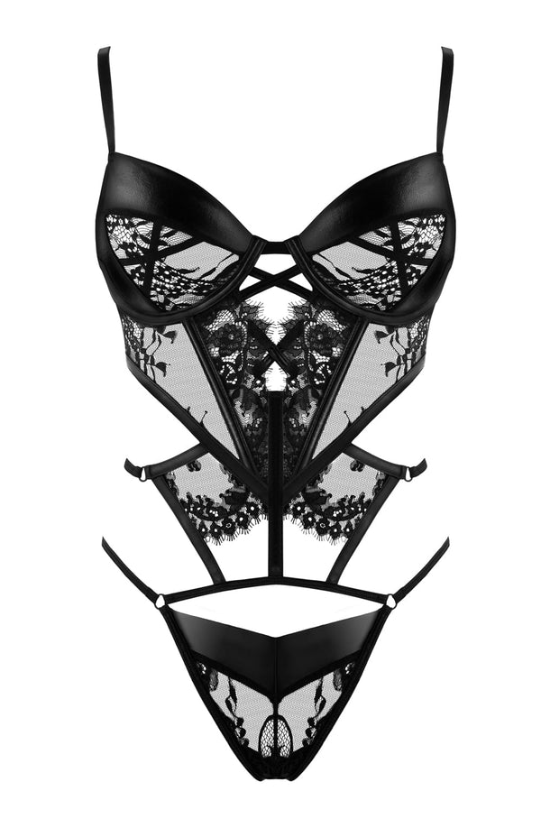Linsori Noir Lace & Wet-Look Teddy - back view