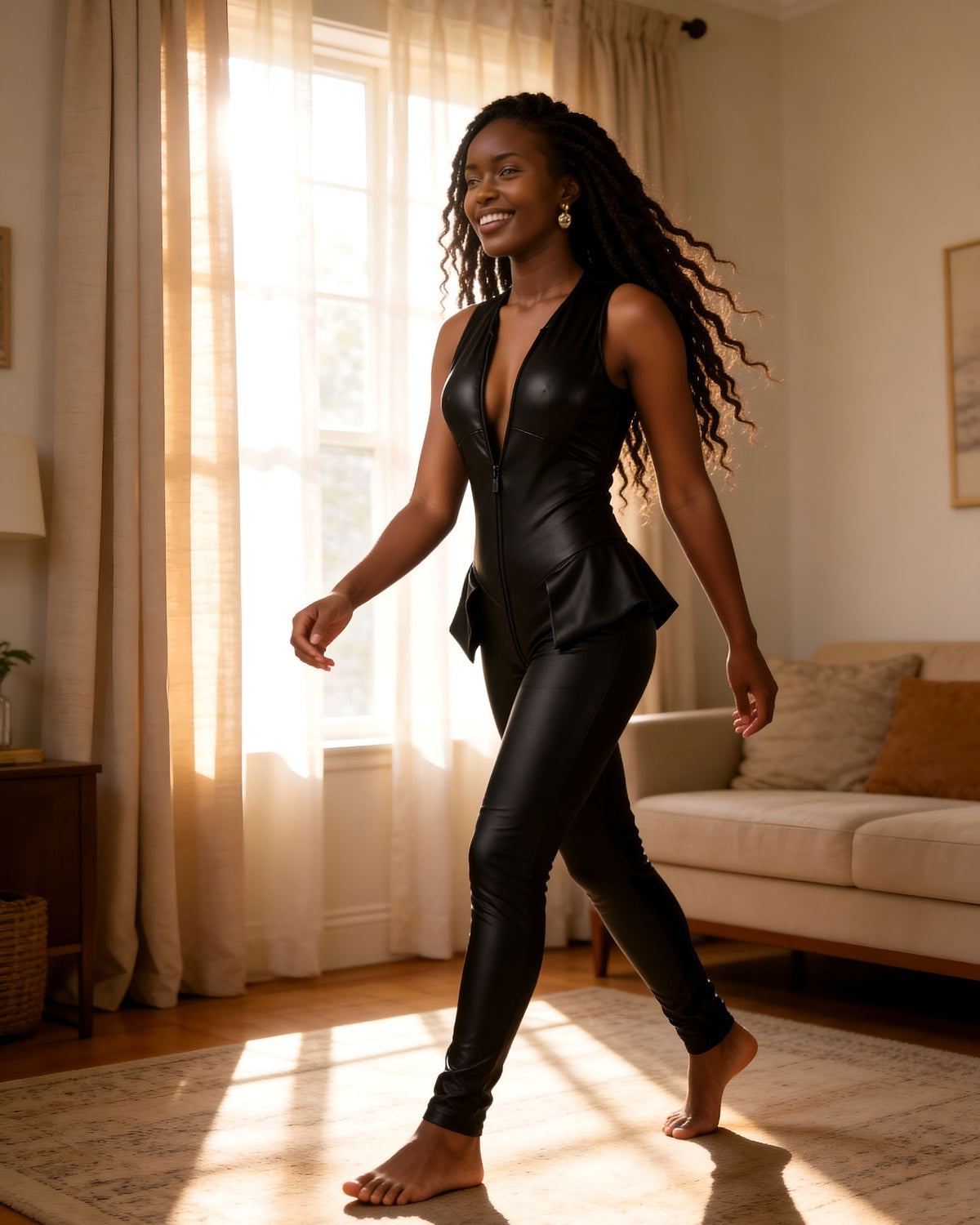 Noir Leather-Look Catsuit with Skirt