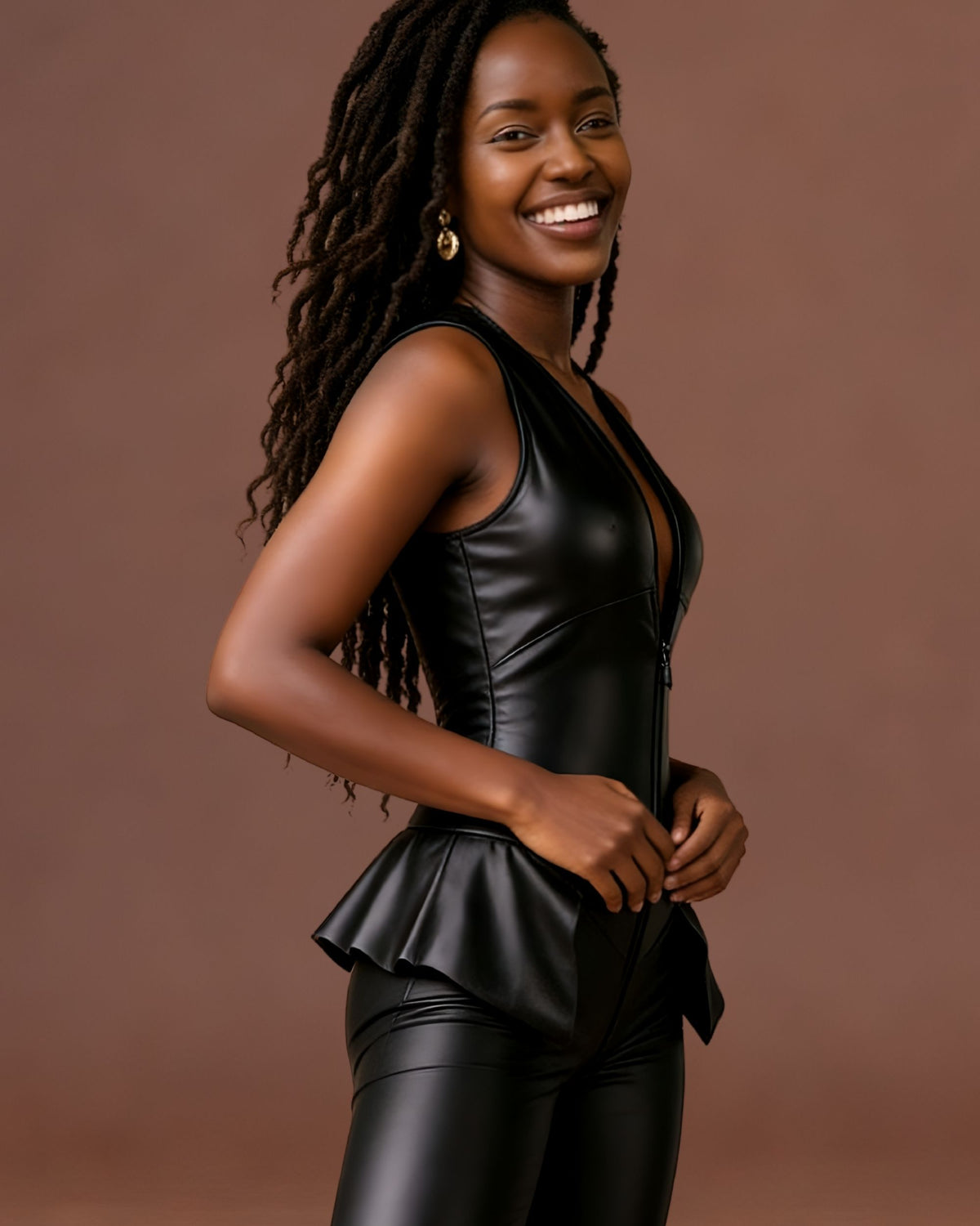 Noir Leather-Look Catsuit with Skirt