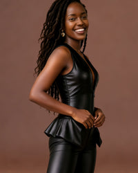 Noir Leather-Look Catsuit with Skirt