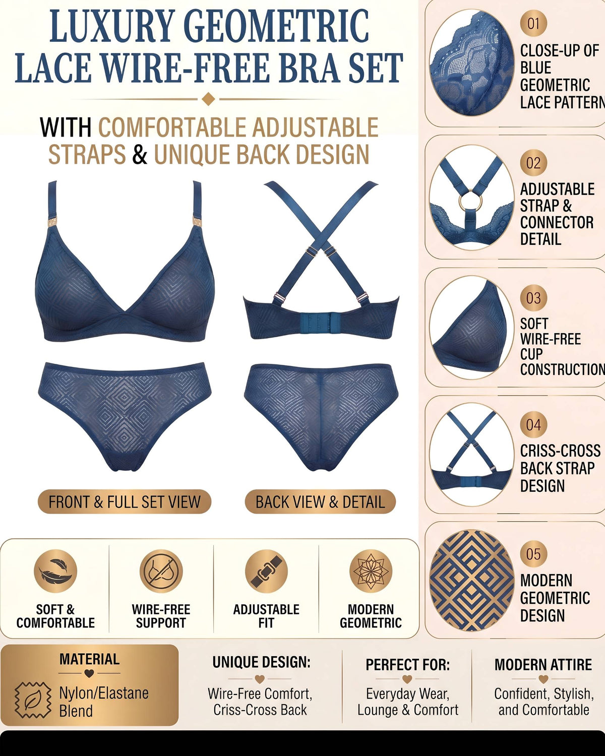Linsori Sapphire Deco Lace Bralette Plus Size -  Product detail view