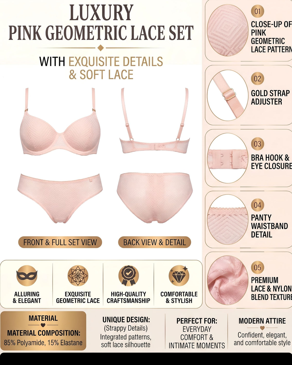 Linsori Blush Deco Lace Balcony Bra Plus Size -  Product detail view