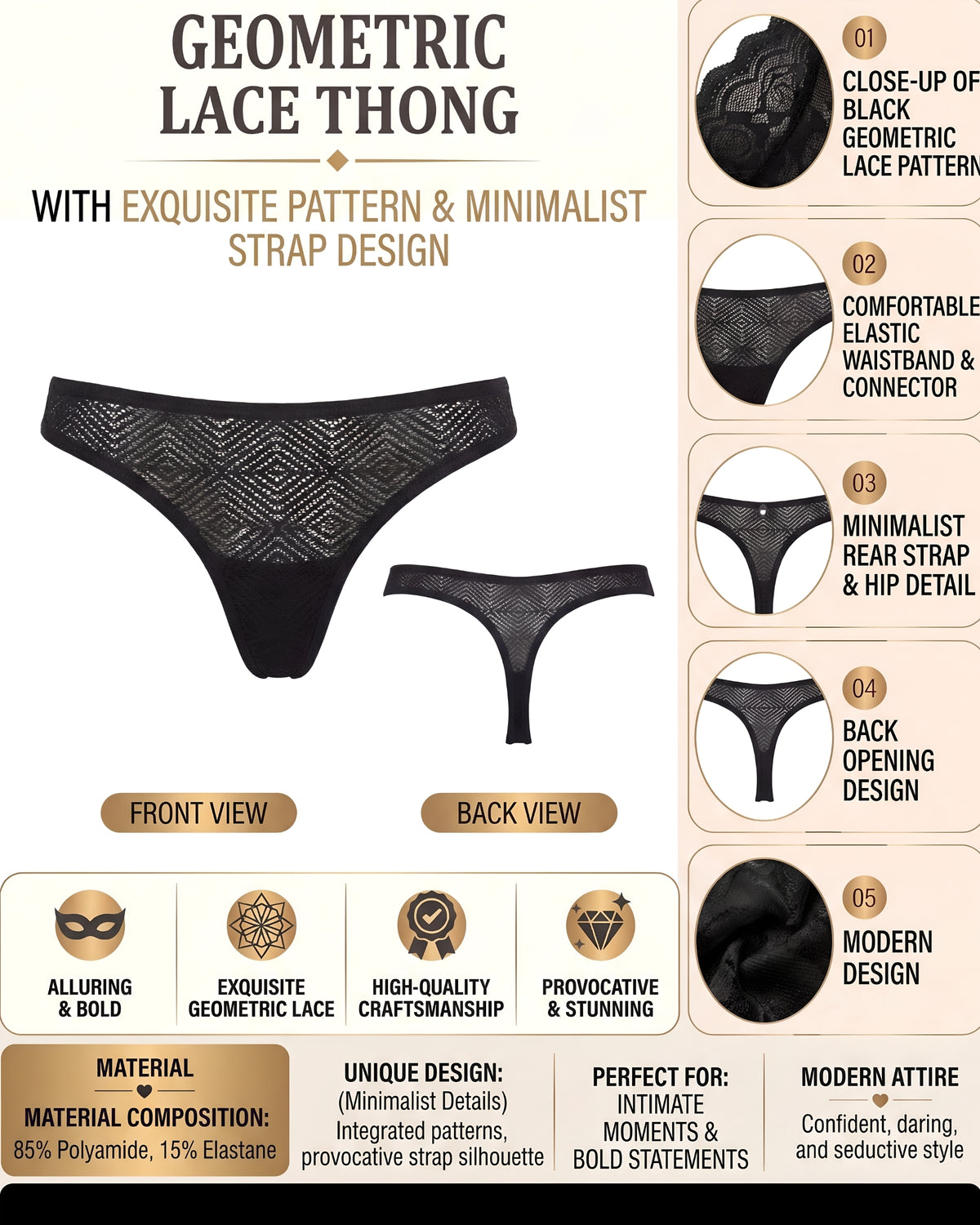 Linsori Noir Deco Sheer Delicate Thong - Product detail view
