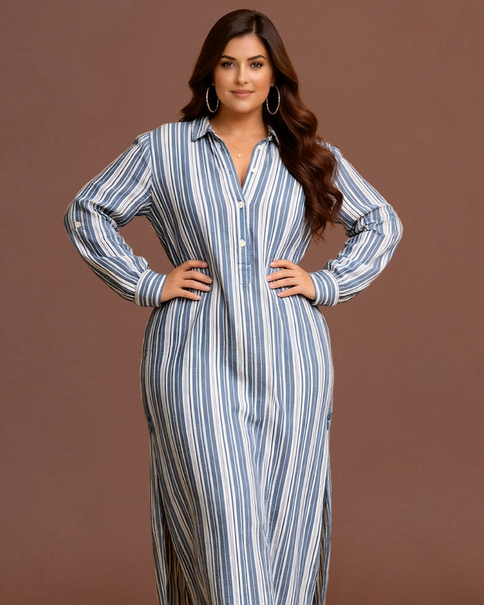 Linsori Pearl Navy Stripe Cotton Maxi Sleep Shirt - Front view 