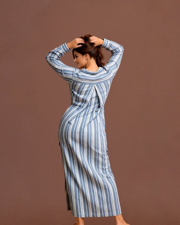Linsori Pearl Navy Stripe Cotton Maxi Sleep Shirt -  back view