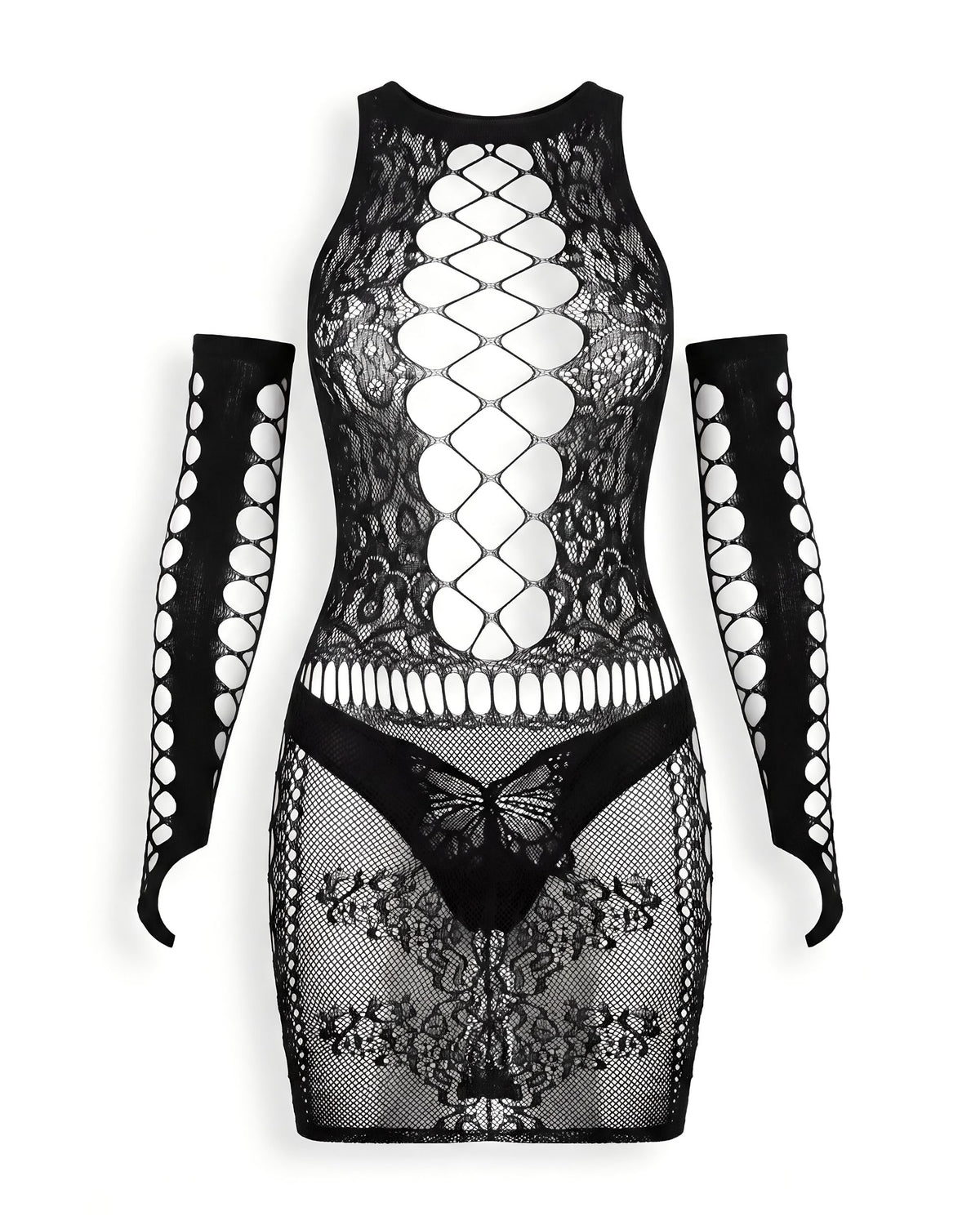 Linsori Obsidian Fishnet Mini Dress - White background view