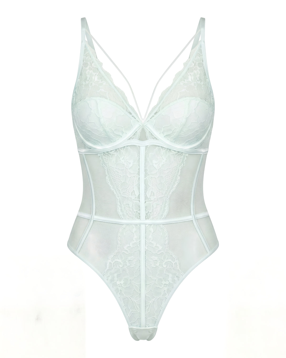 Linsori Pearl Scallop Lace Bodysuit Plus Size - White background view