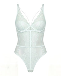 Linsori Pearl Scallop Lace Bodysuit Plus Size - White background view