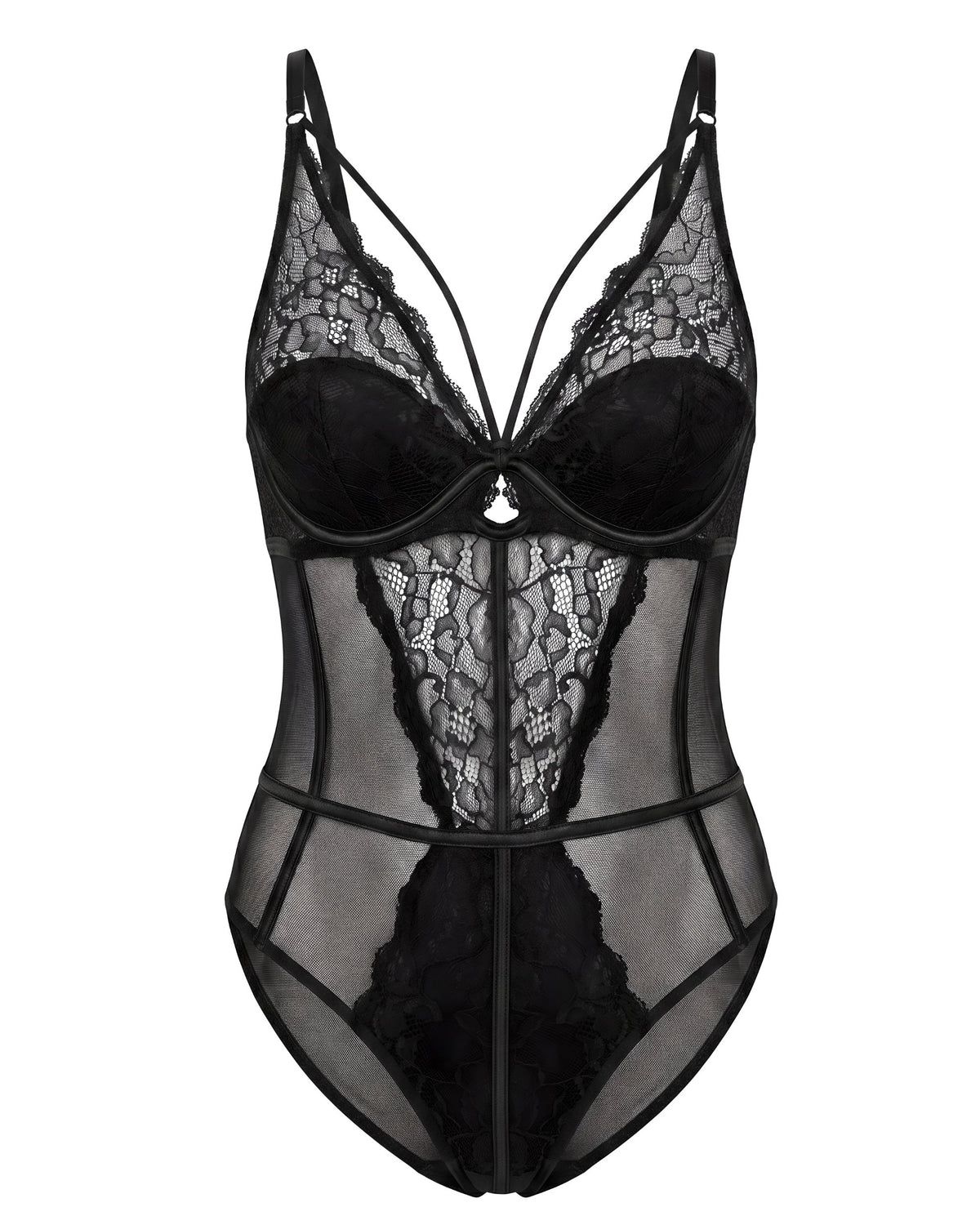 Linsori Noir Floral Lace Bodysuit Plus Size - White background view 