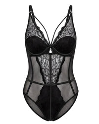 Linsori Noir Floral Lace Bodysuit Plus Size - White background view 