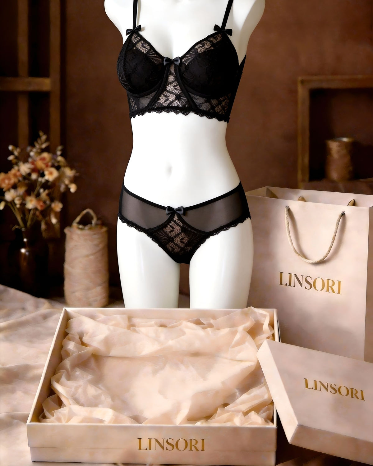 linsori - Midnight Lace Bra Floral Lace Set Plus Size - product view