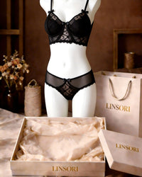 linsori - Midnight Lace Bra Floral Lace Set Plus Size - product view