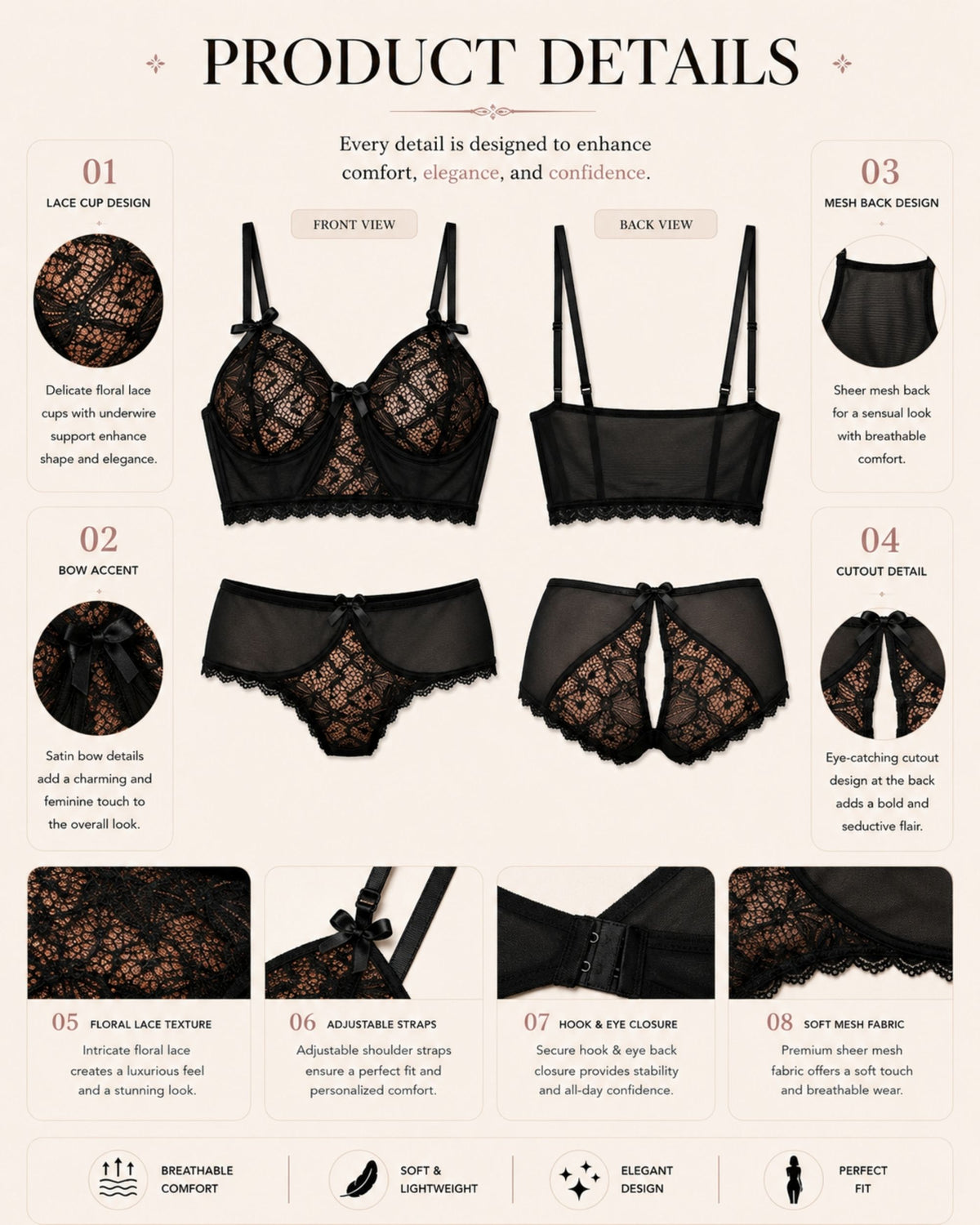 linsori - Midnight Lace Bra Floral Lace Set Plus Size - product detail