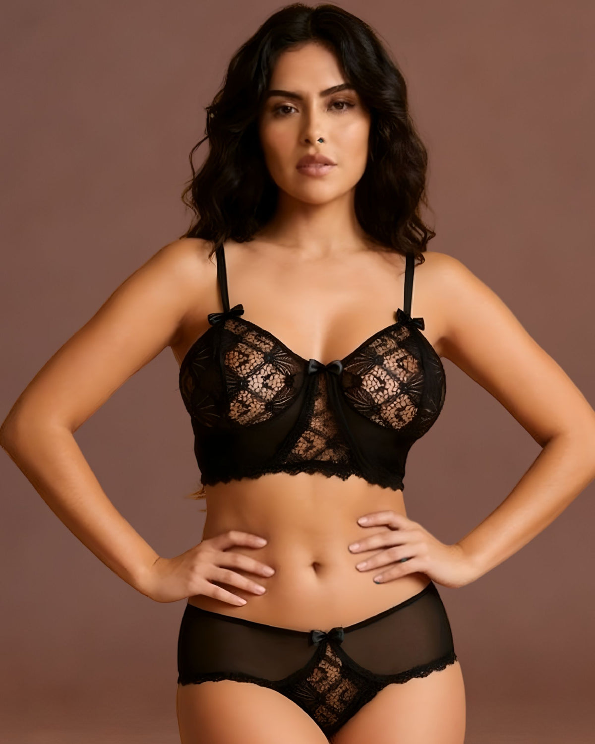 linsori - Midnight Lace Bra Floral Lace Set Plus Size - front view