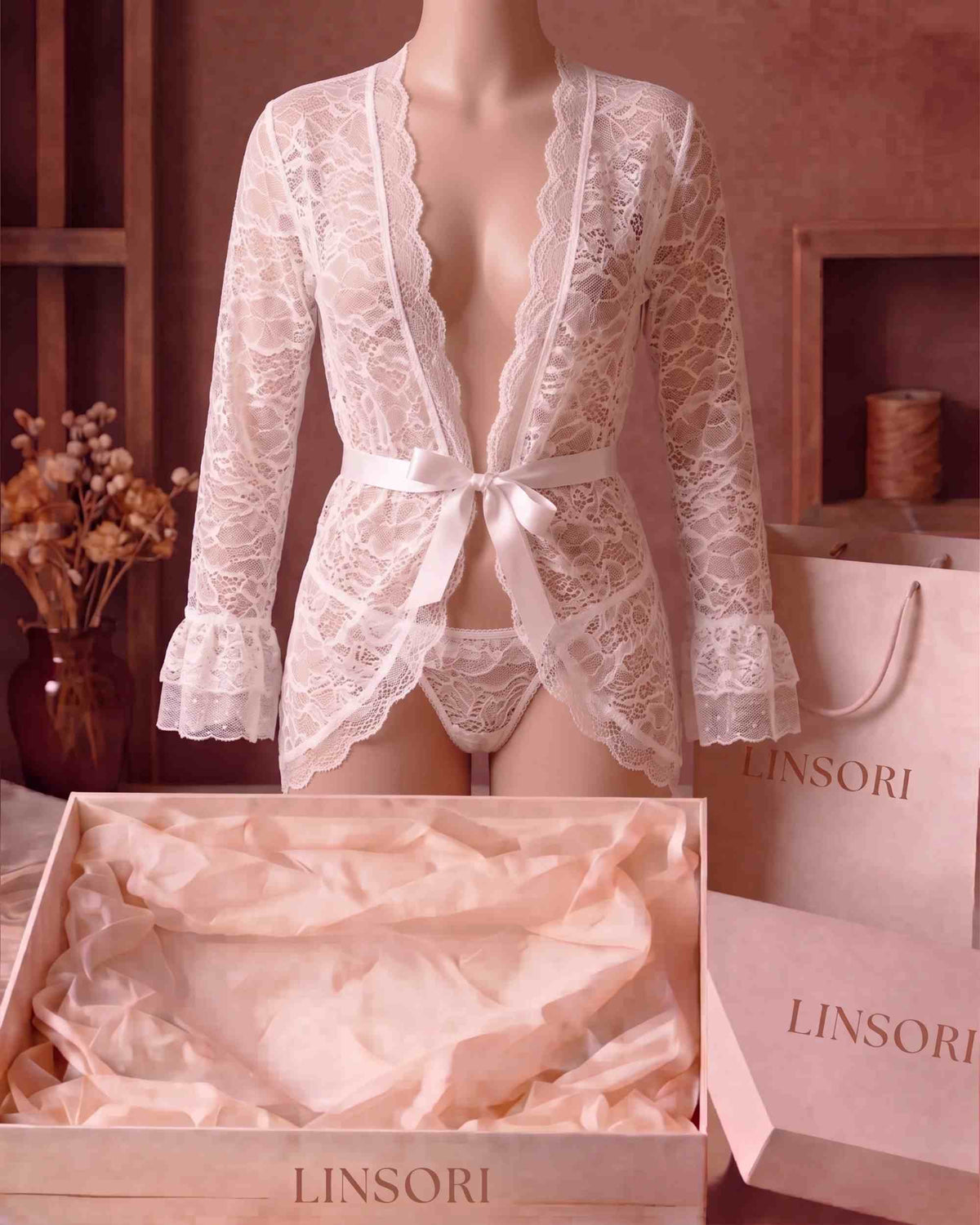 linsori - Pearl Lace Peignoir with Polka Dot Cuffs - product view