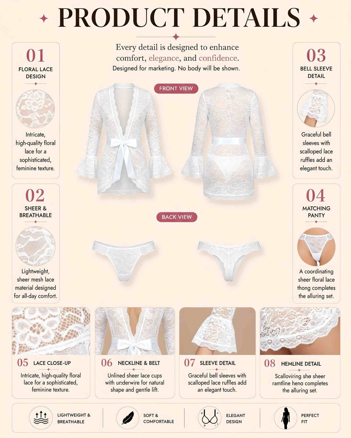 linsori - Pearl Lace Peignoir with Polka Dot Cuffs - product detail