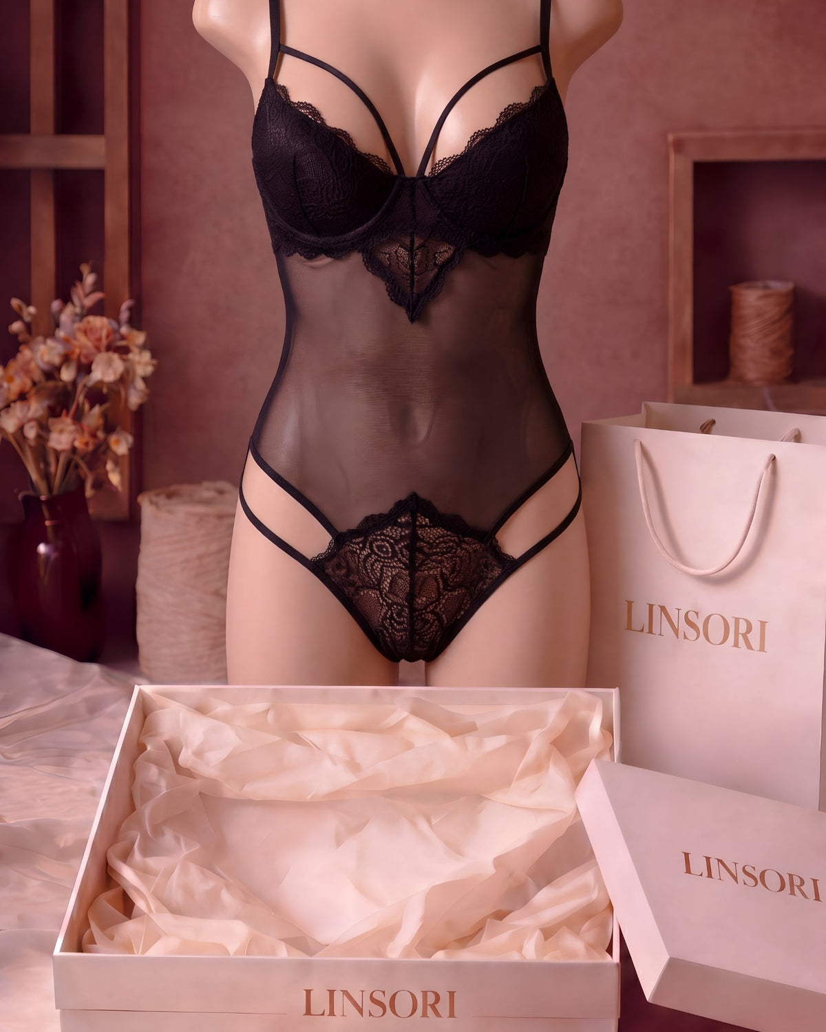 Linsori Noir Lace Bodysuit Piece Plus Size - Mannequin View