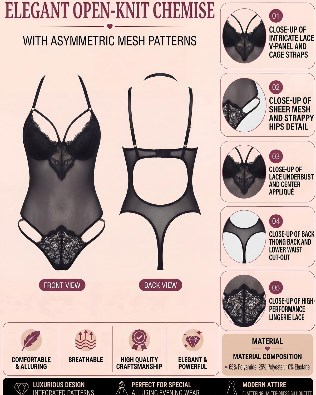 Linsori Noir Lace Bodysuit Piece Plus Size -  Product detail view