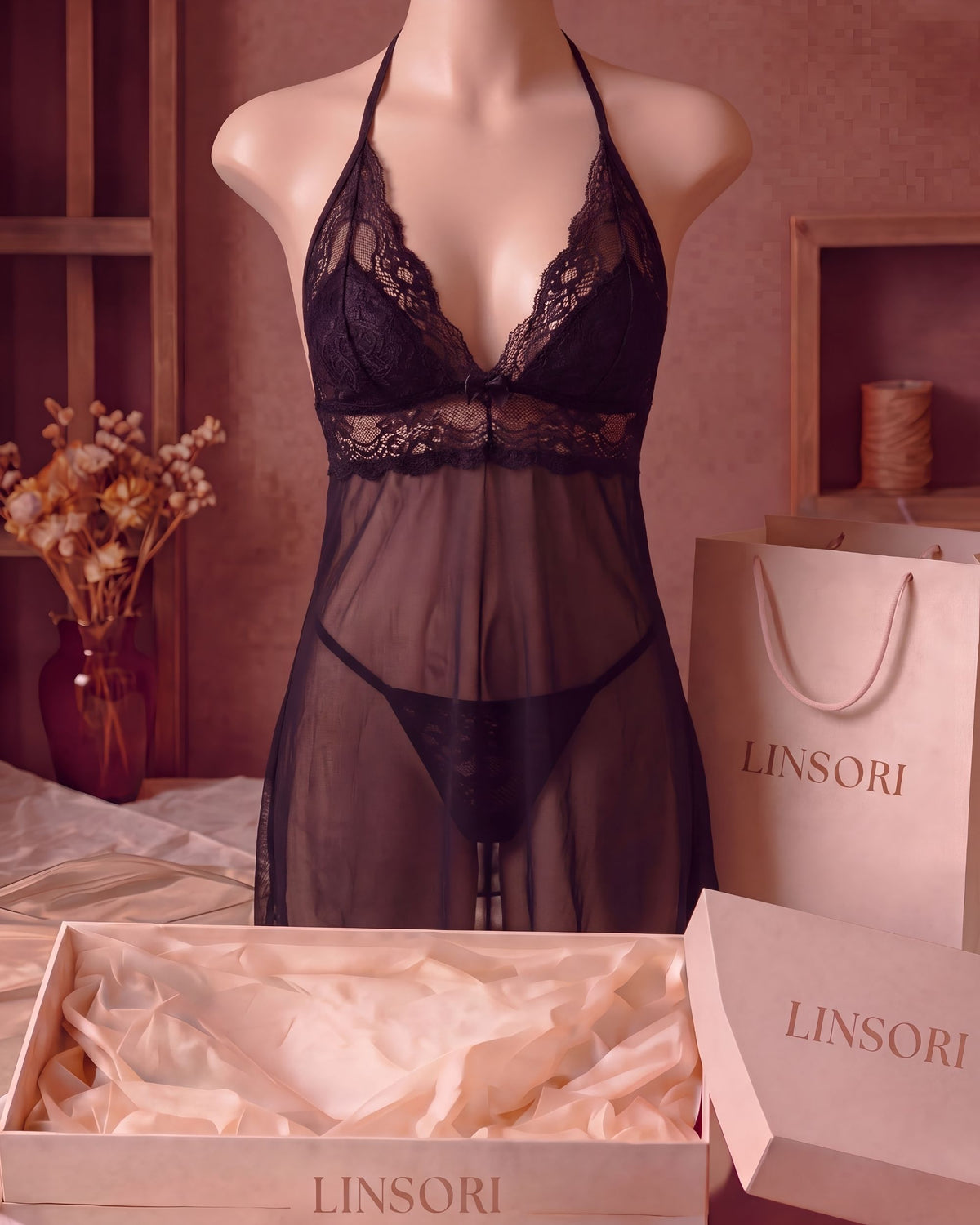 Linsori Noir Tulle Chemise with Bow Plus Size  - Mannequin View