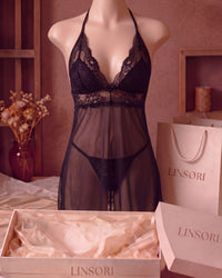 Linsori Noir Tulle Chemise with Bow Plus Size  - Mannequin View