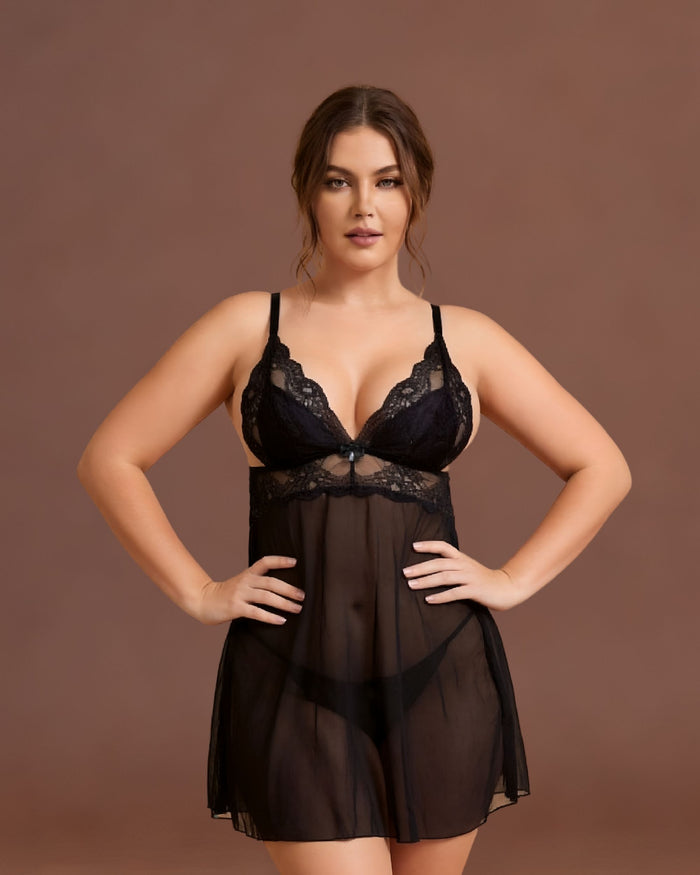 Linsori Noir Tulle Chemise with Bow Plus Size  - Front view 