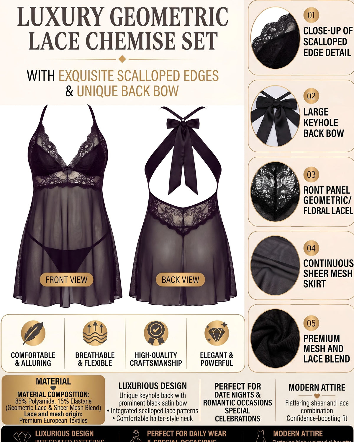Linsori Noir Tulle Chemise with Bow Plus Size  -  Product detail view