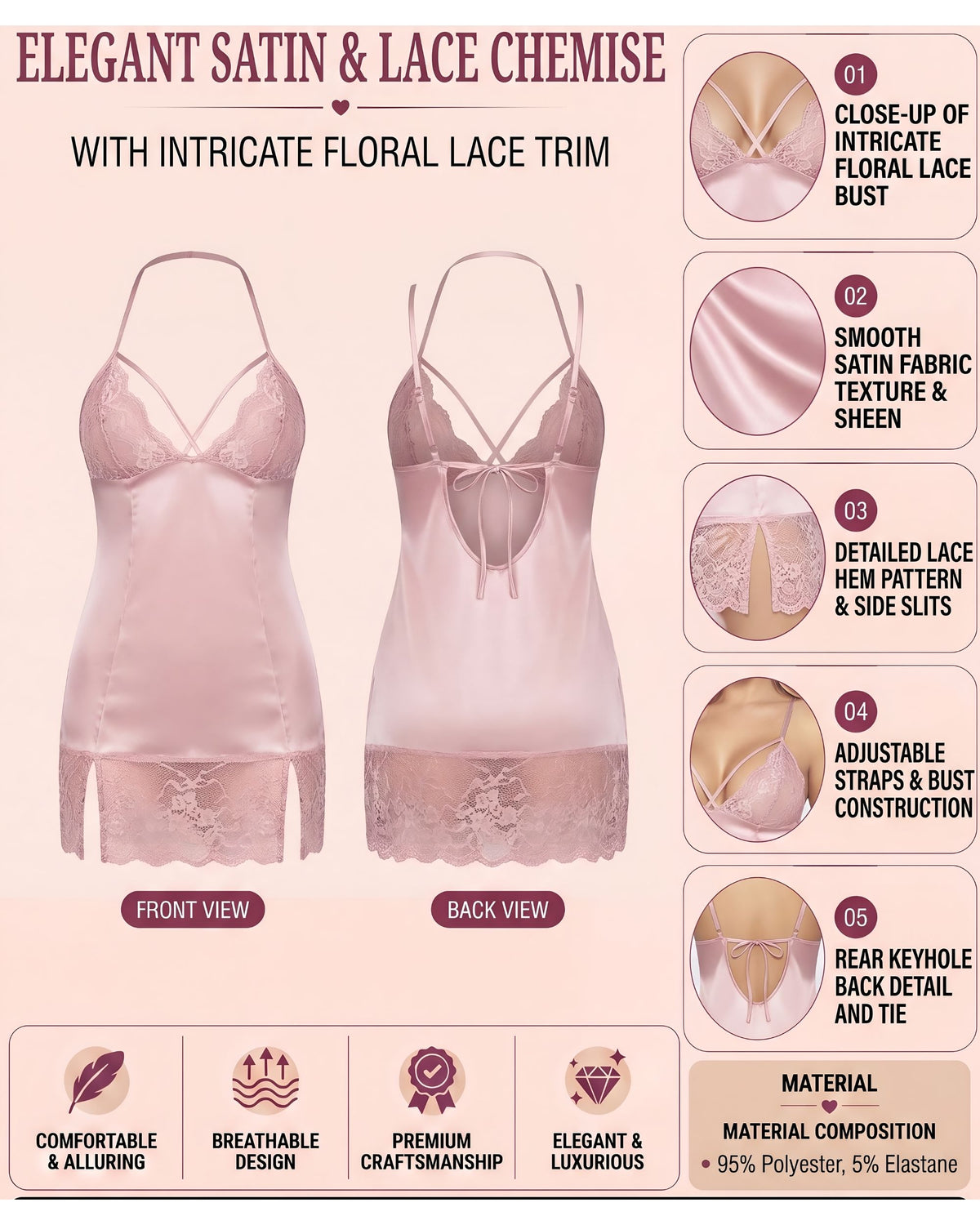 Linsori Rose Venice Lace Chemise Piece Plus Size -  Product detail view