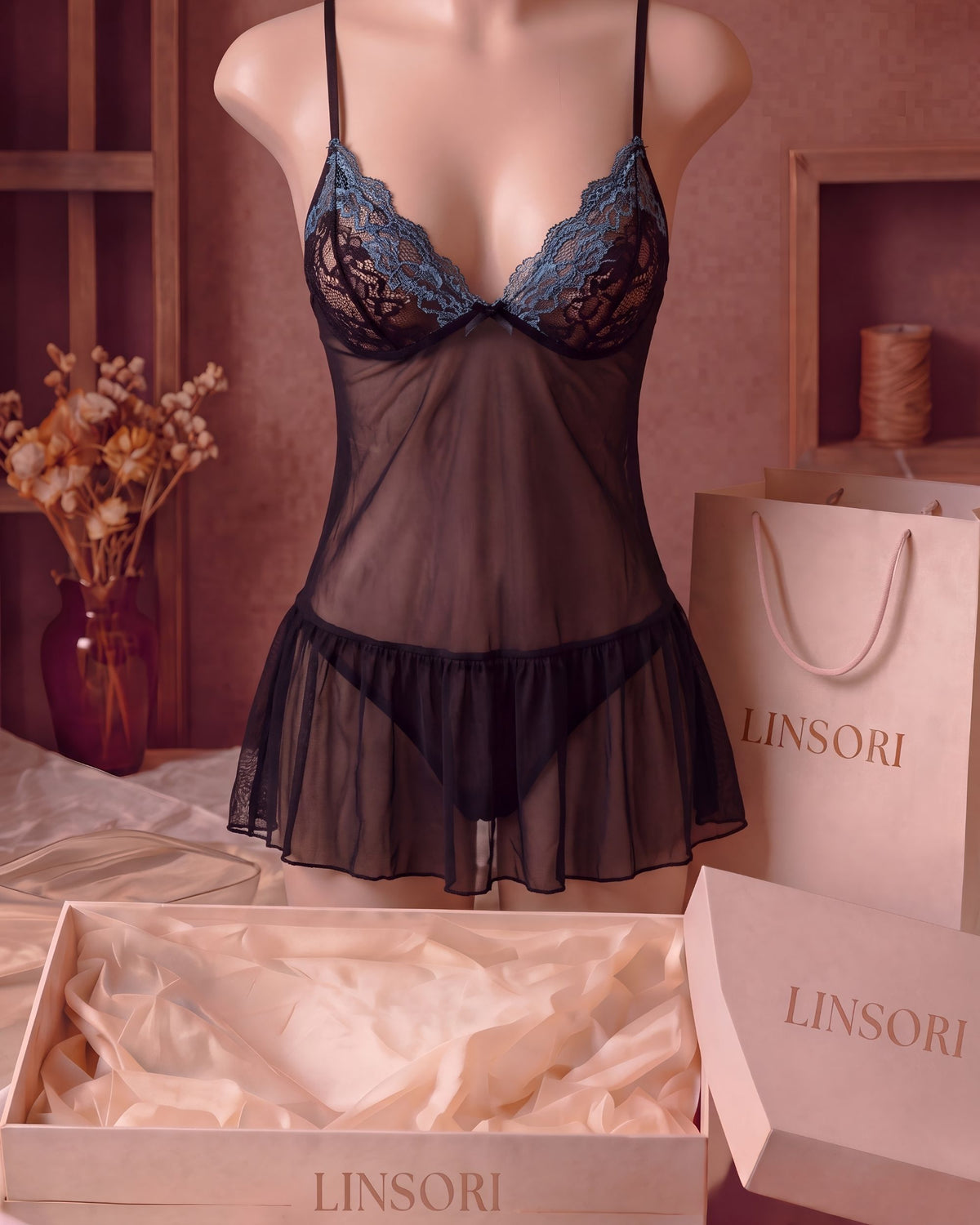 Linsori Sapphire Noir Peep Cup Babydoll Plus Size - Mannequin View