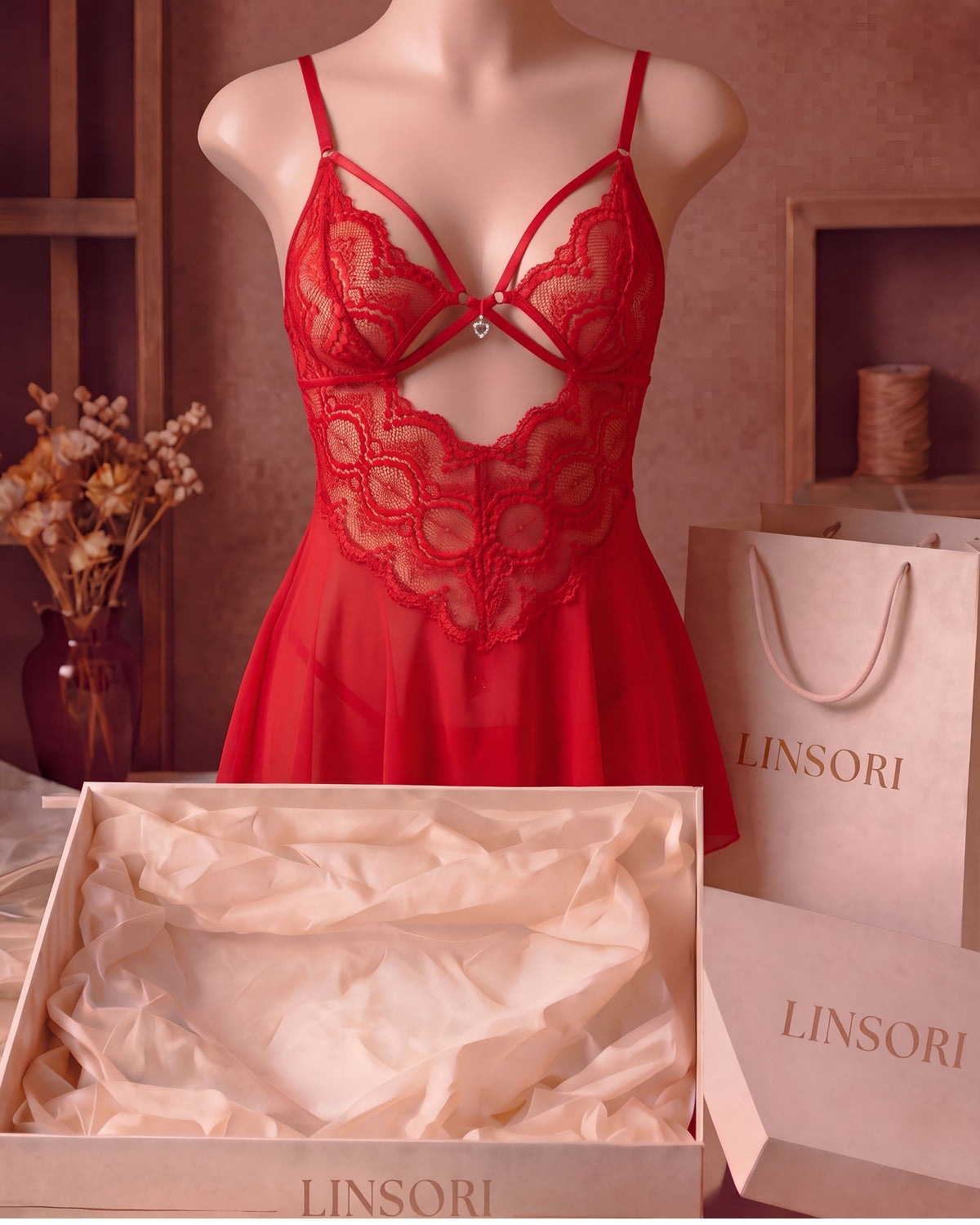 Linsori Crimson Heart Babydoll Set Plus Size - Mannequin View