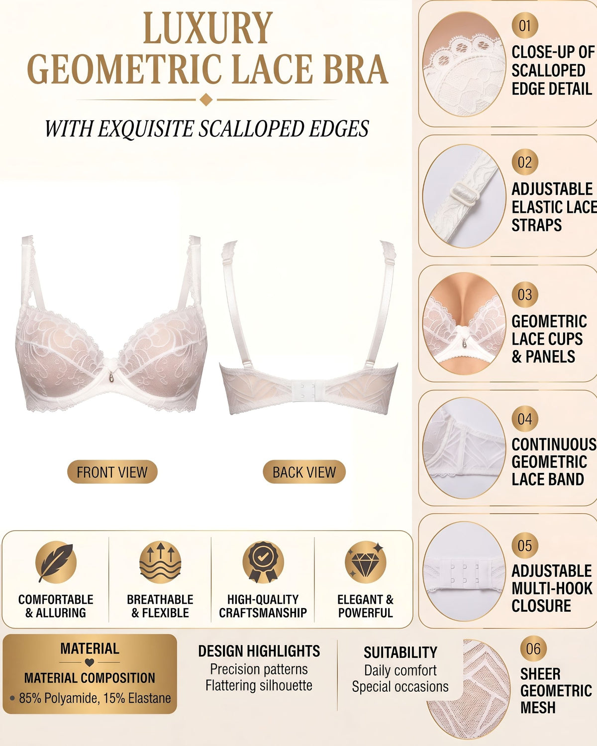 Linsori Pearl Embroidered Soft Cup Bra Plus Size -  Product detail view