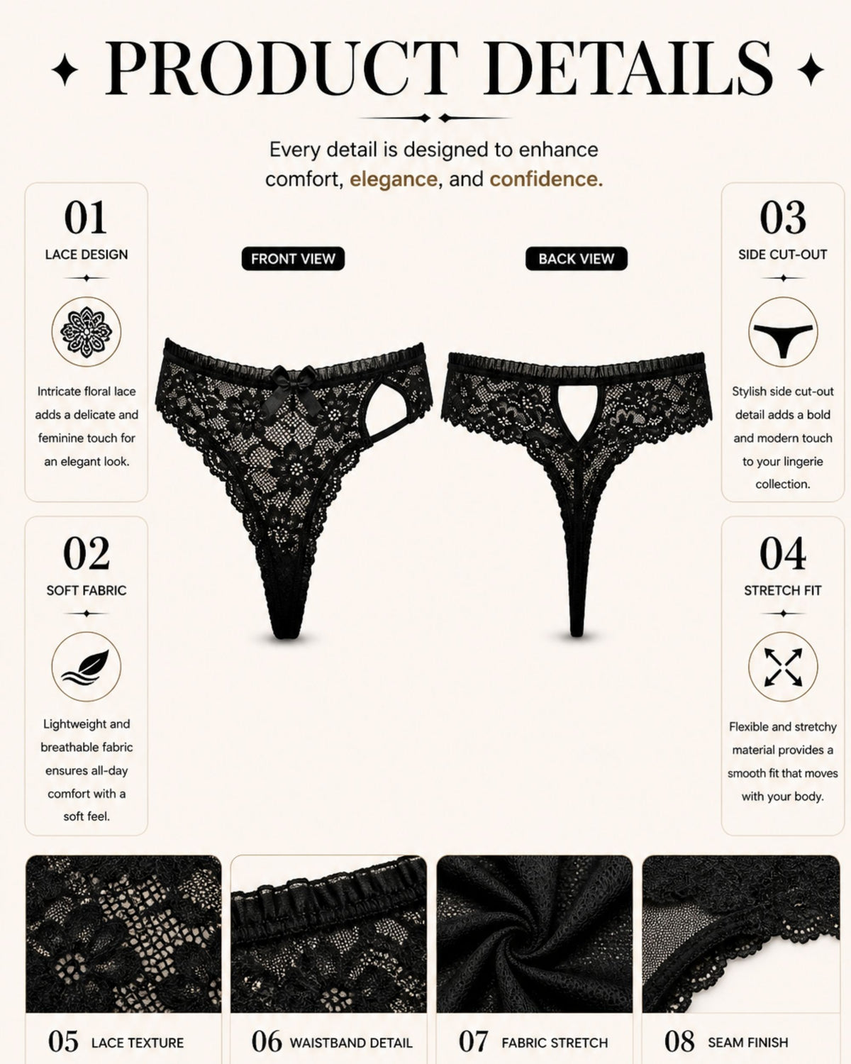 Linsori Carmen Midnight Lace Thong -  Product detail view