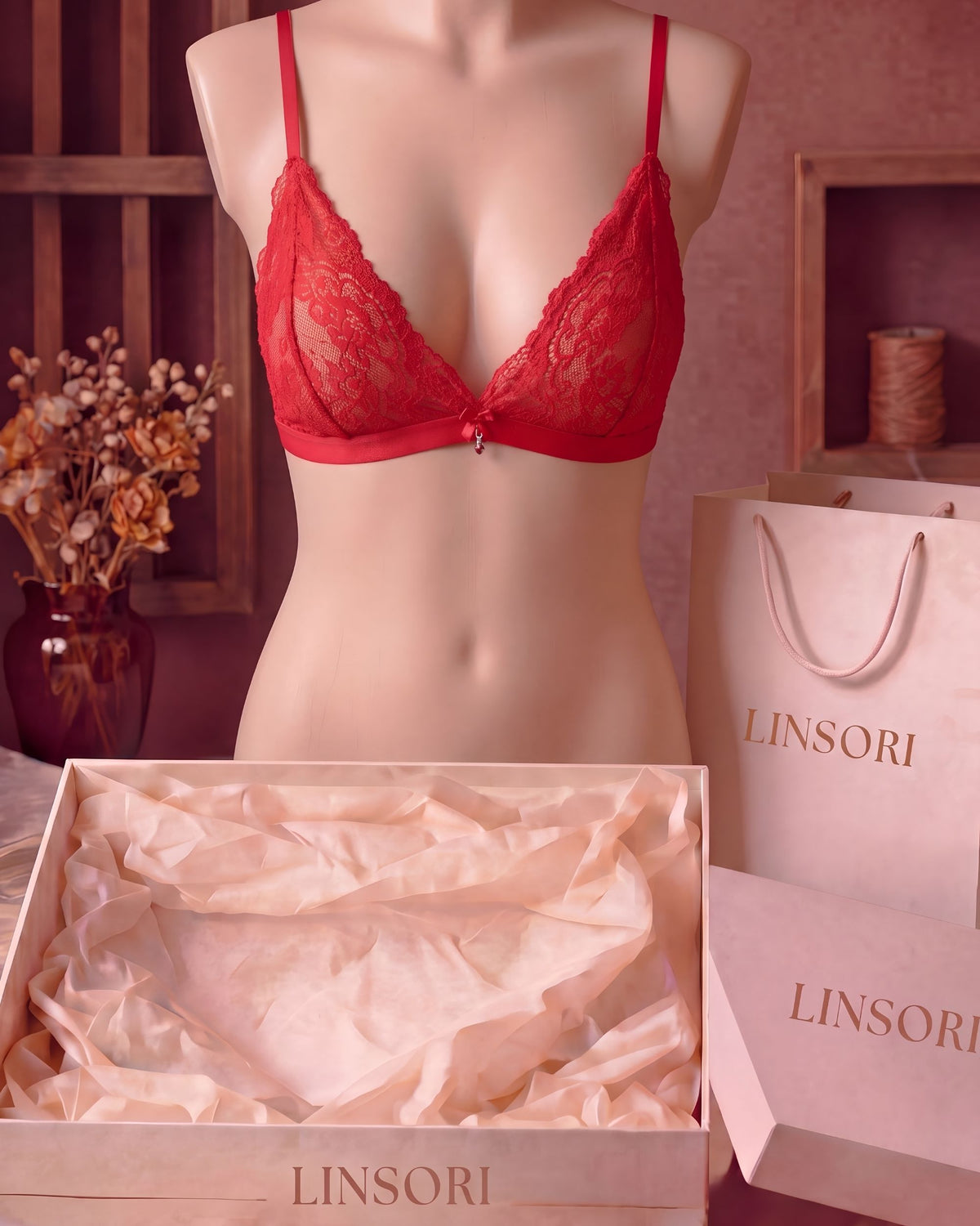 Linsori Crimson Lace Soft Cup Bra Plus Size - Mannequin View