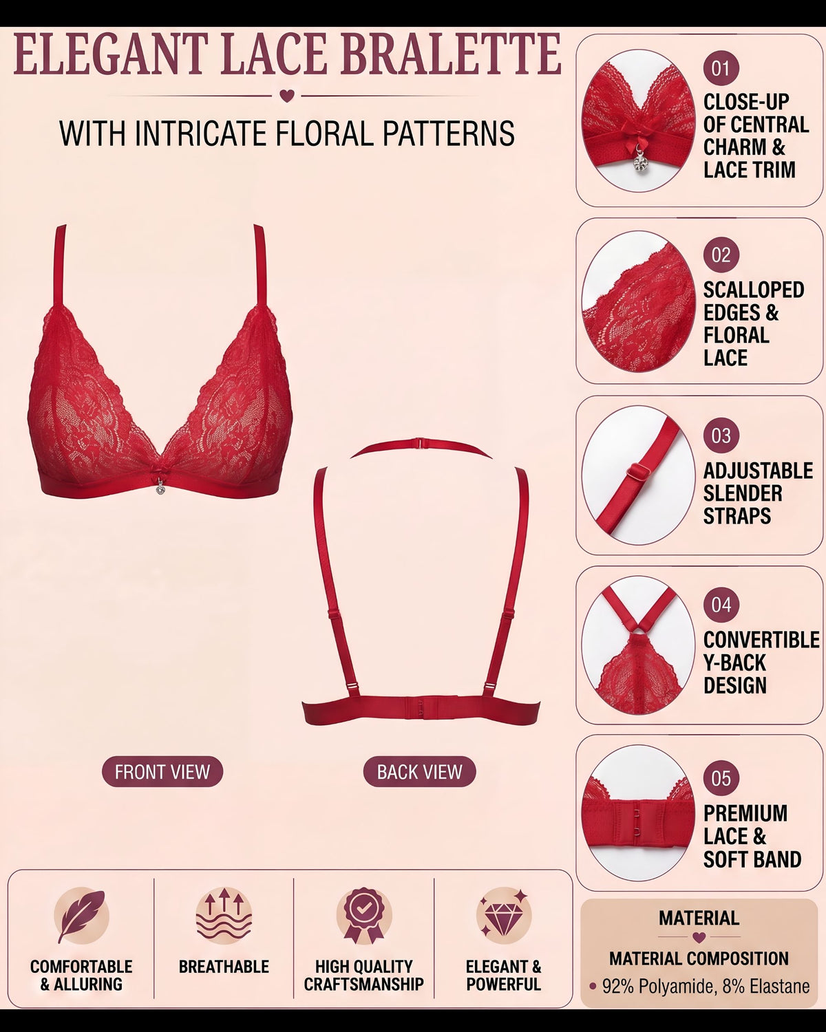 Linsori Crimson Lace Soft Cup Bra Plus Size -  Product detail view