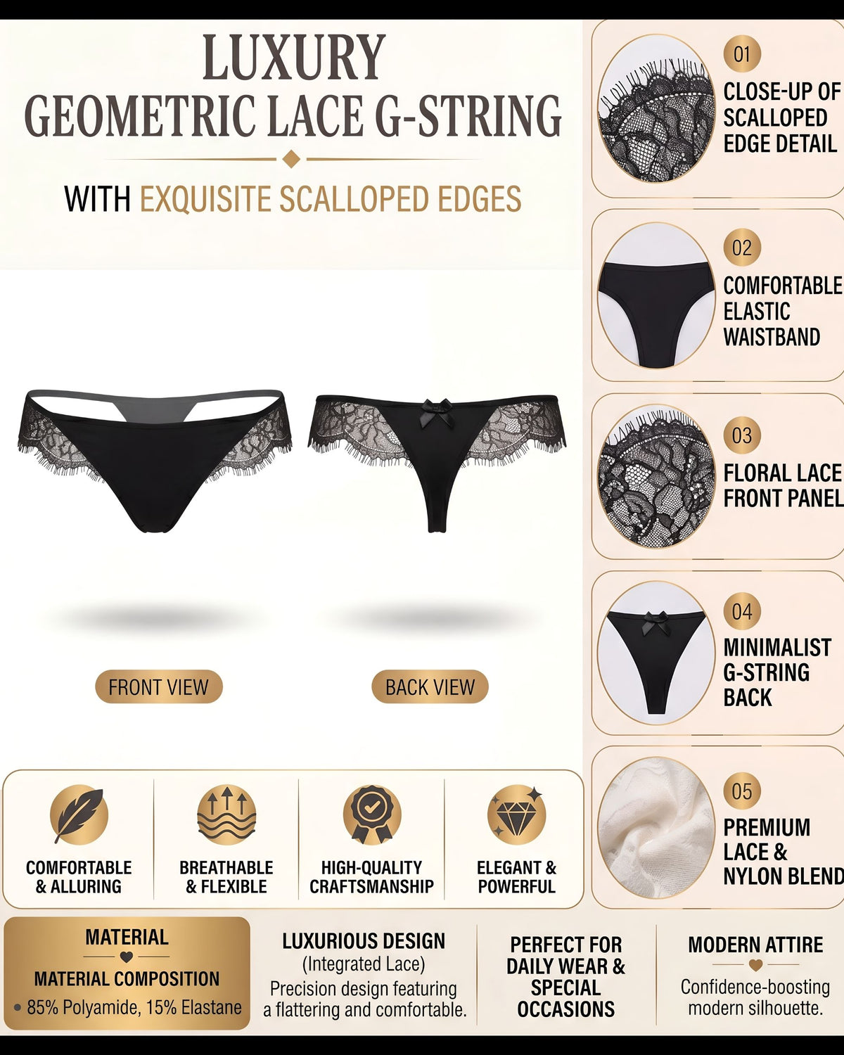 Linsori Noir Eyelash Floral Lace Thong -  Product detail view