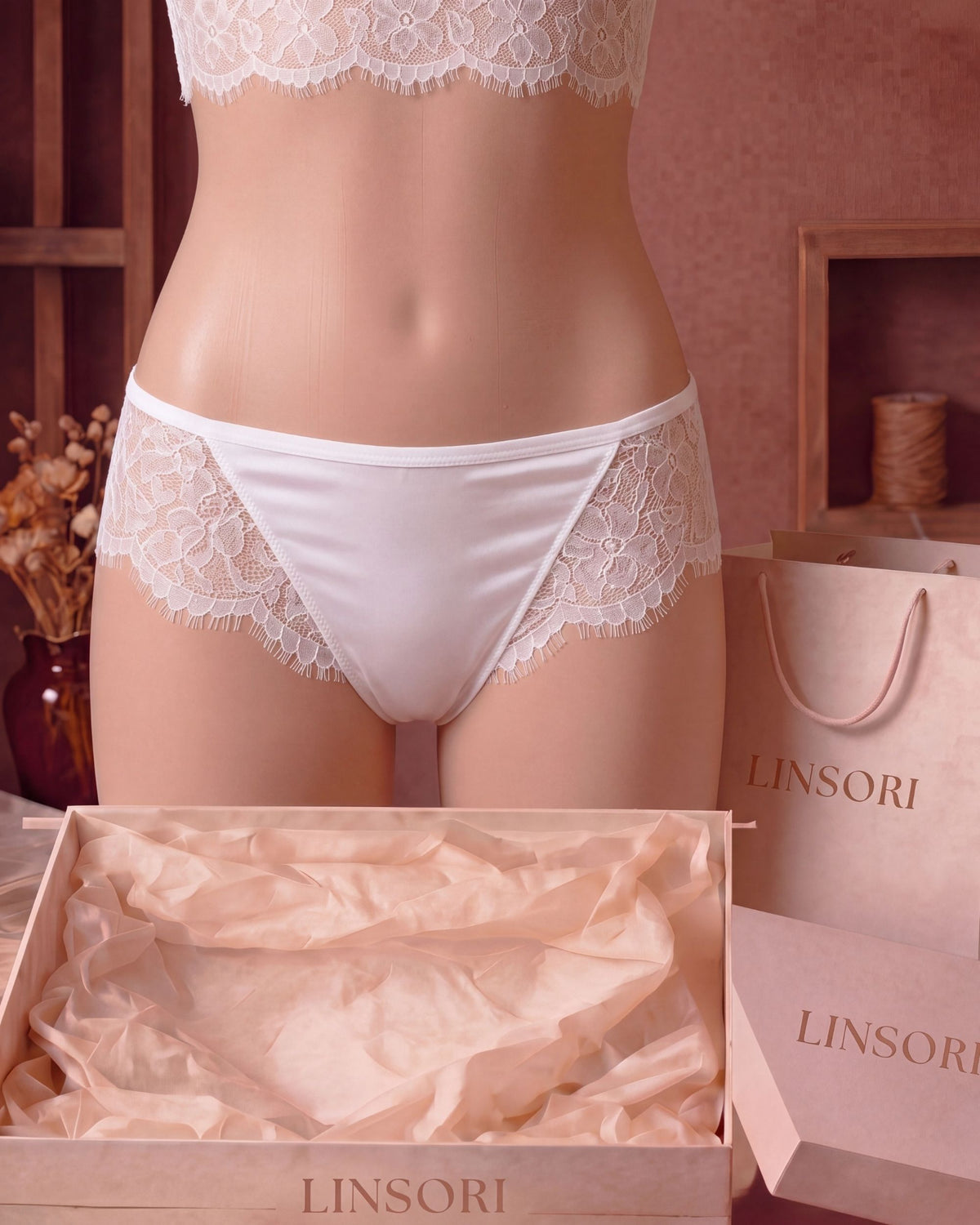 Linsori Pearl Eyelash Floral Lace Thong - Mannequin View