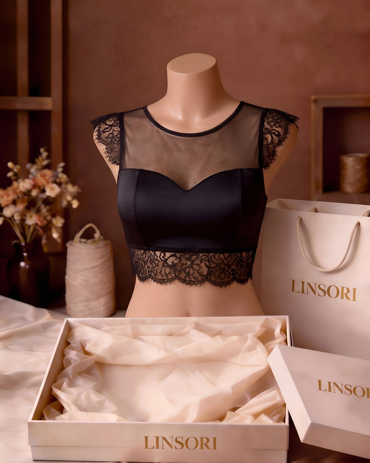 Linsori Noir Eyelash Lace Top Piece - Mannequin View