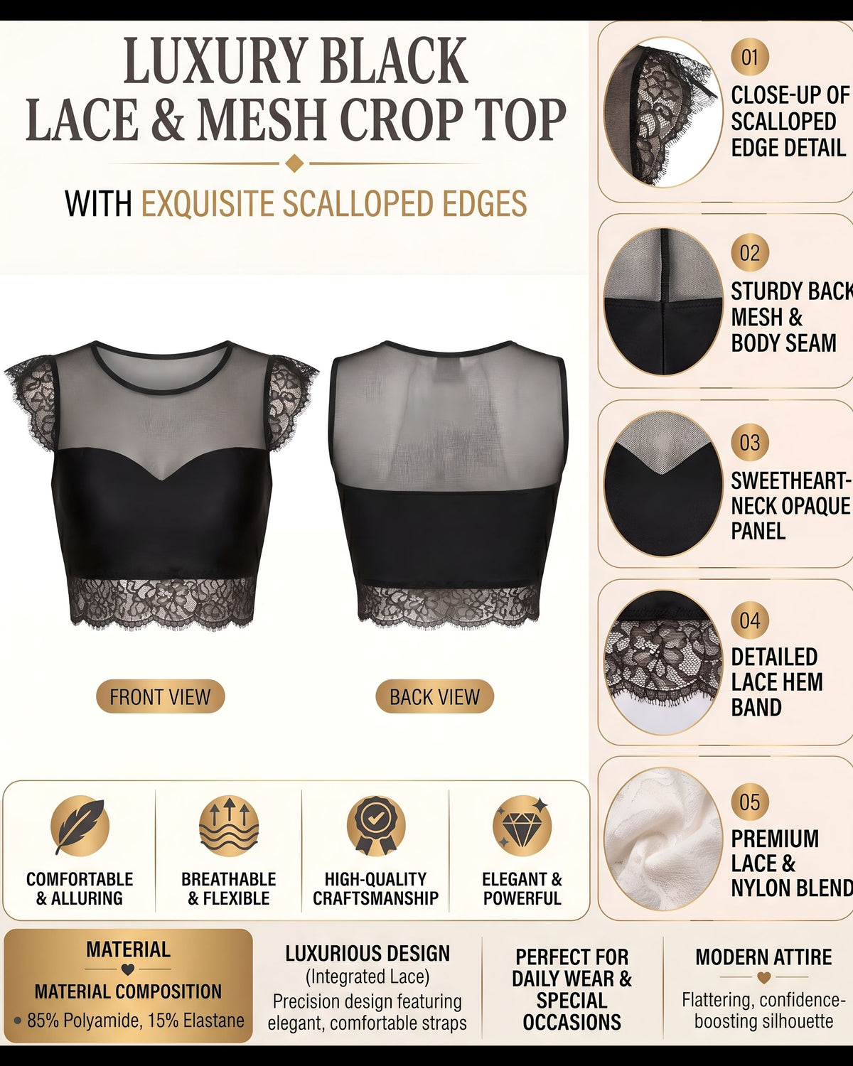 Linsori Noir Eyelash Lace Top Piece -  Product detail view