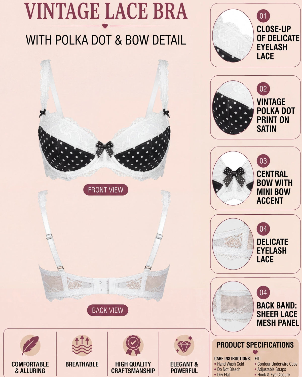 Linsori Bare Embroidered Soft Cup Bra Plus Size -  Product detail view