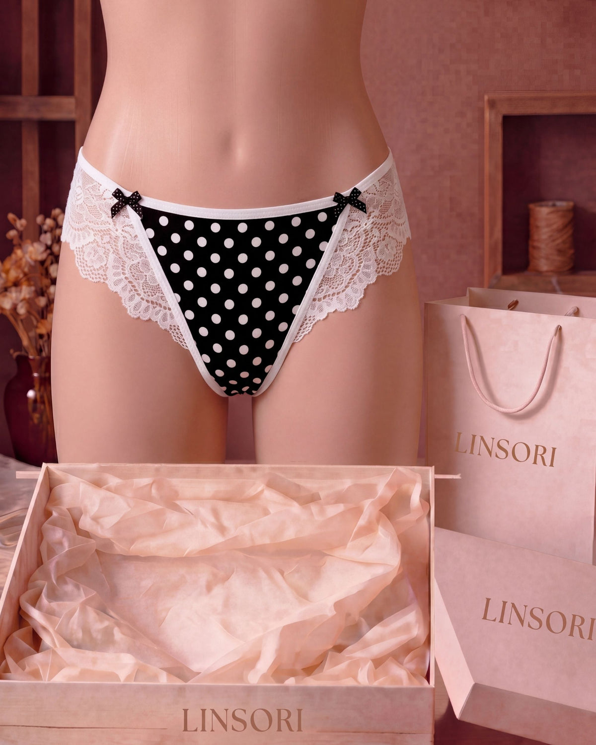 Linsori Bare Polka Dot Lace Thong - Mannequin View