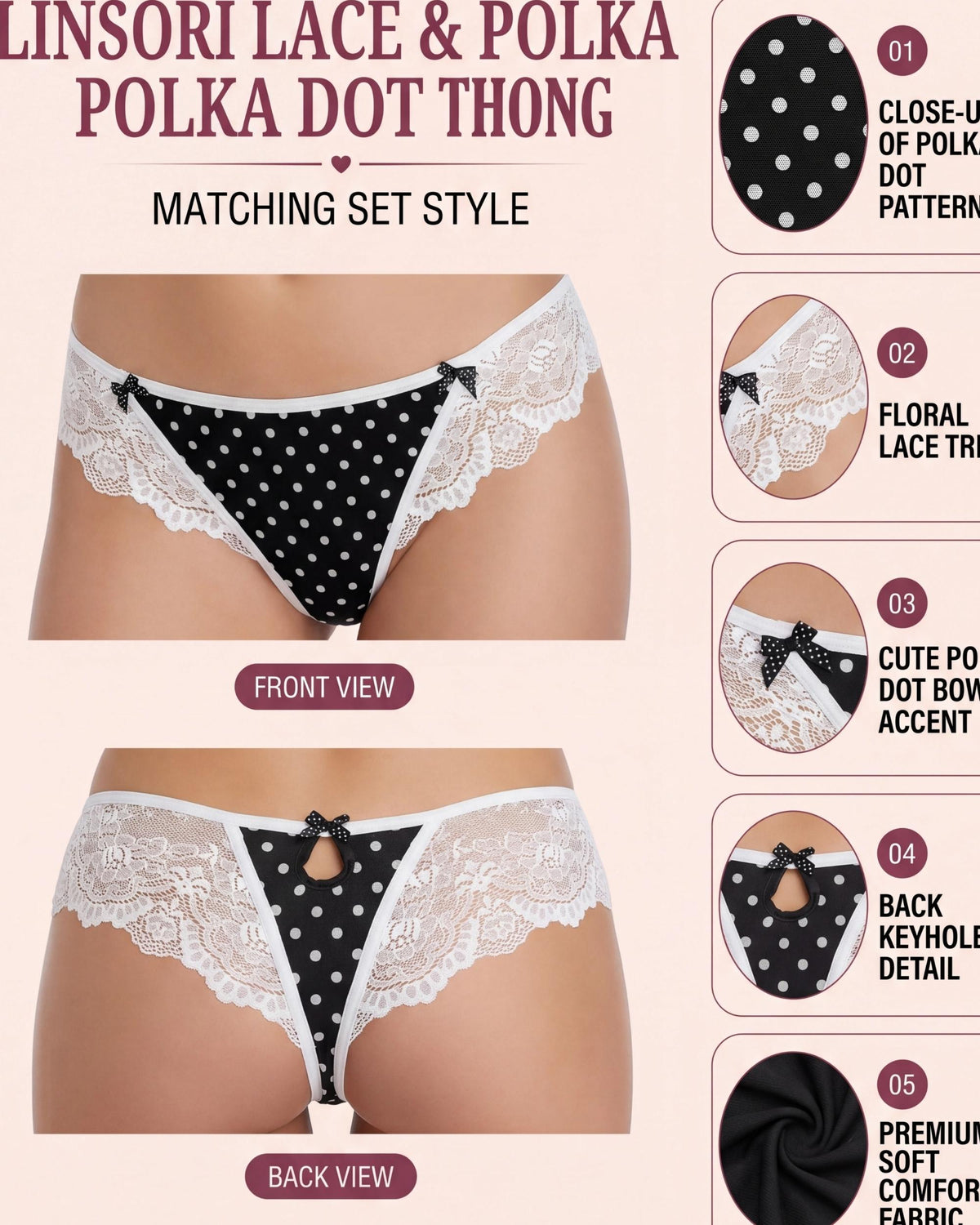 Linsori Bare Polka Dot Lace Thong -  Product detail view