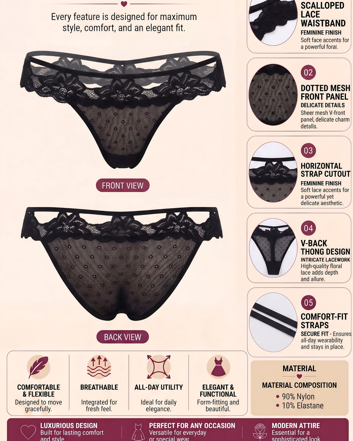 Linsori Noir Dotted Mesh Delicate Brief Bridal -  Product detail view